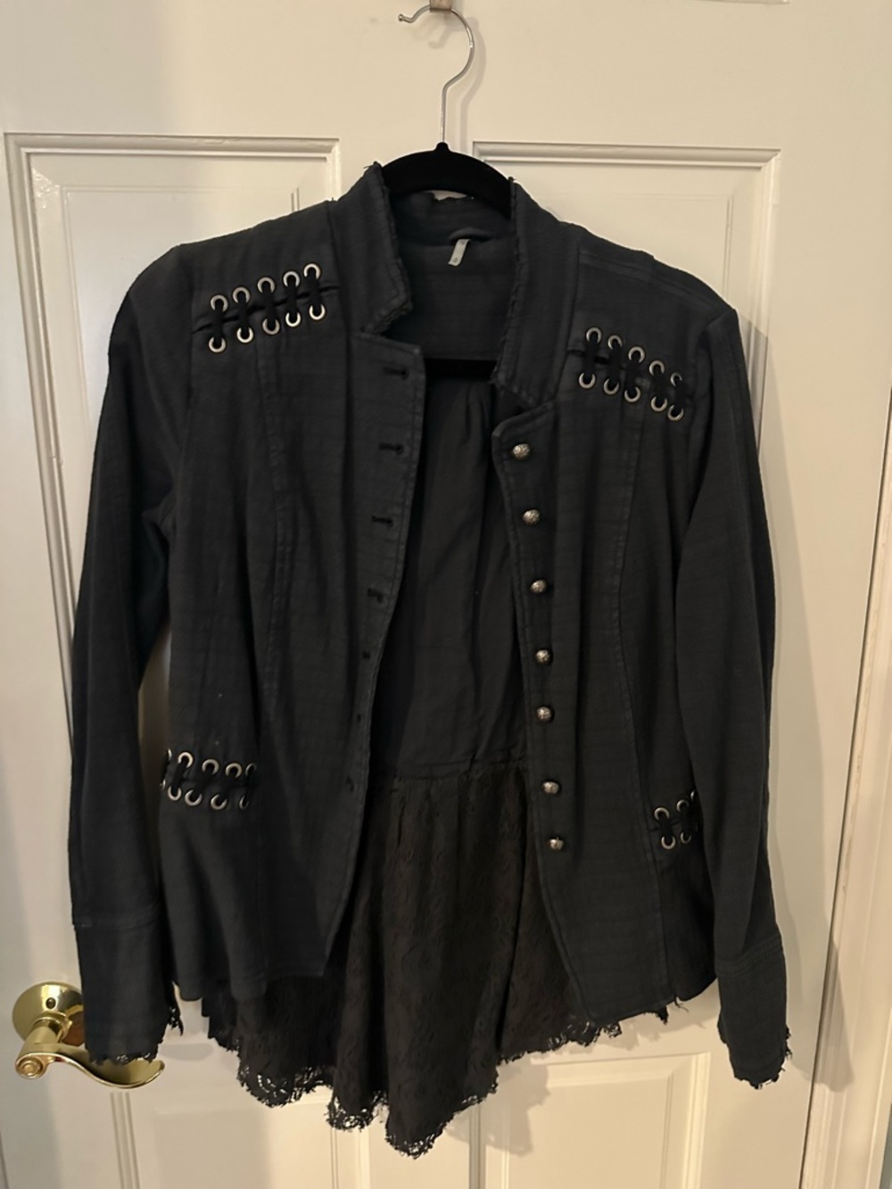 Free People Black Victorian lace up Military Jacket with Lace Hem